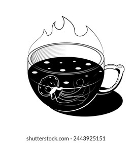 Abstract Hand Drawn Kitchen Stuff A Cup Of Tea With A Jellyfish Doodle Concept Vector Design Outline Style On White Background Isolated For Cooking