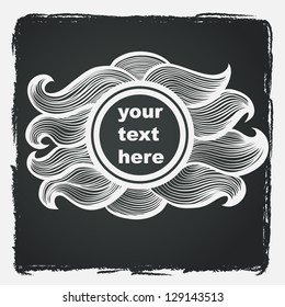 Abstract hand drawn label on chalkboard background. Template frame design for a card. Vector wavy boarder with round space for the text in the middle. Vector frame.