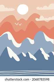 Abstract hand drawn Landscape with Mountains, river or lake, sun in poster design. Trendy colorful natural Background for ski resorts. Wall art. Flat vector illustration.