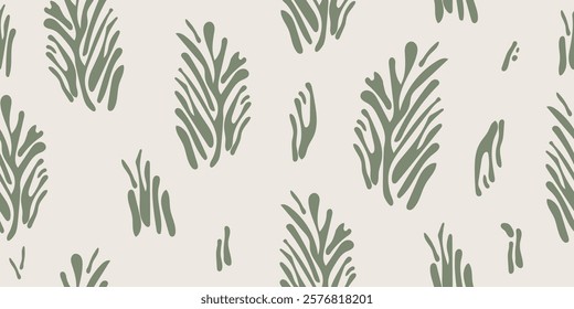 Abstract Hand drawn leaves art and branches pattern with green color, seamless designs on textiles, clothing, gift wrapping, banners, home decor, abstract backgrounds. Vector illustration.