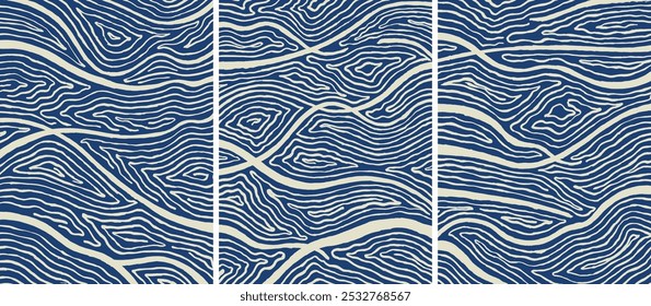 Abstractas dibujado a mano patrón de arte de línea, tinta, grabado de madera tallado de estilo japonés de fondo de onda en azul índigo y blanco, patrón orgánico simple para textiles, estacionario, papel de embalaje