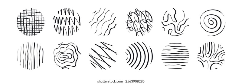 Abstract hand drawn line collection with brush strokes, spirals. Modern sketchy doodles with texture, geometric symbols. Flat vector illustration isolated on white background.