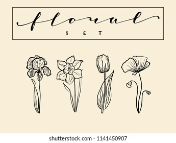 Abstract hand drawn line flowers. Boho botanical plants, floral set for logo, social media blog post. Vector illustration 