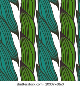 Abstract hand drawn line leaves pattern on white background. Exotic jungle backdrop. Nature wallpaper. For fabric design, textile print, wrapping, cover. Simple vector illustration.