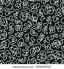 Abstract hand drawn lines seamless repeat pattern. Random placed, vector line art aop, all over print on black background.