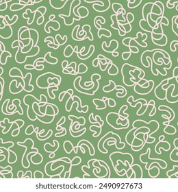 Abstract hand drawn lines seamless repeat pattern. Random placed, vector line art aop, all over print on sage green background.