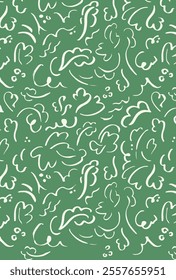 Abstract hand drawn lines seamless repeat pattern. Random placed, vector line art aop, all over print on sage green background.