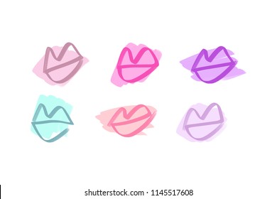 Abstract hand drawn lips set, brush lines, beauty object, attraction symbol. Logo element, label, print for clothes and other, element for design. Vector Illustration, clipart.