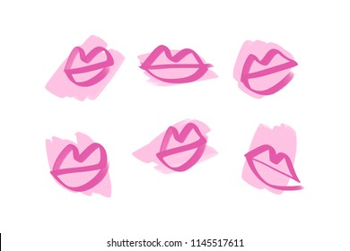 Abstract hand drawn lips set, brush lines, beauty object, attraction symbol. Logo element, label, print for clothes and other, element for design. Vector Illustration, clipart.