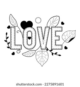 Abstract Hand Drawn Love With Hearts, Leaves, Leaf Doodle 14 February Holiday Concept Vector Design Outline Style On White Background Isolated Letter, Message, Mail, Cards, Posters