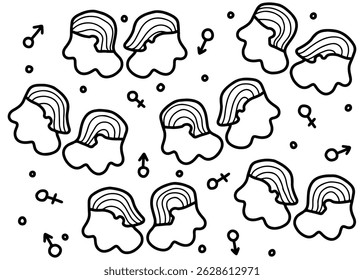 Abstrato mão desenhado masculino feminino doodle ícones, sem costura, fundo preto e branco, padrão de tecido editável, único