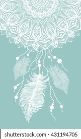 abstract hand drawn mandala dreamcatcher with feathers