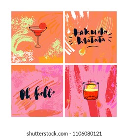abstract hand drawn memphis summer cards set with text and illustration of cocktails. For posters, menu, flyers and etc