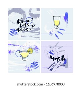 abstract hand drawn memphis summer cards set with text and illustration of cocktails. For posters, menu, flyers and etc