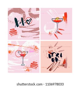abstract hand drawn memphis summer cards set with text and illustration of cocktails. For posters, menu, flyers and etc