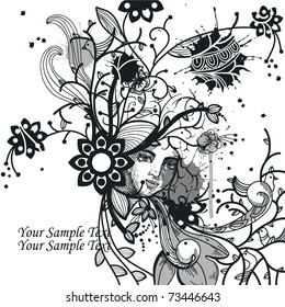 abstract hand drawn mix of fantasy plants, flowers and a female face