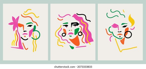 Abstract hand drawn modern trendy female faces in vibrant color palette. Set of stylish minimalistic contemporary graphic prints with abstract women.