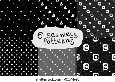 Abstract hand drawn monochrome seamless pattern set. Six Black and white grunge backgrounds with simple geometric shapes.