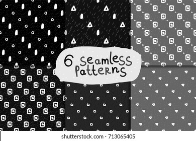 Abstract hand drawn monochrome seamless pattern set. Six Black and white grunge backgrounds with simple geometric shapes.