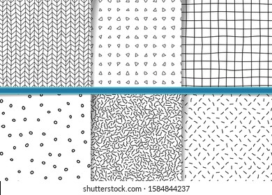 Abstract hand drawn monocolor patterns set. Fabric flaps, textile patches pack. Black and white backgrounds hand drawn geometric shapes. Irregular linear triangles, lines, circles backdrops