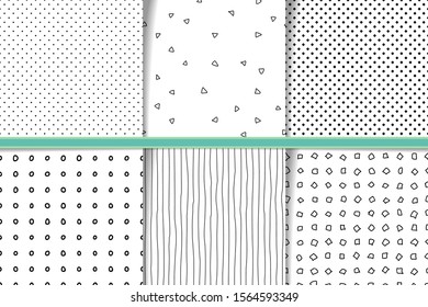 Abstract hand drawn monocolor seamless patterns set. Fabric flaps, textile patches collection. Monochrome backgrounds irregular geometric shapes. Hand drawn circles, lines and dots backdrops