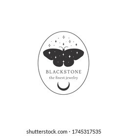 abstract hand drawn moon butterfly shape logo design with stars in geometric round oval frame. icon, vector illustration in trendy line linear art style. Branding