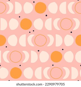 Abstract hand drawn Moon Cycle pattern. Full moon, Crescent and Stars texture. Dreamy night sky background