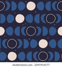 Abstract hand drawn Moon Cycle pattern. Full moon, Crescent and Stars texture. Dreamy night sky background