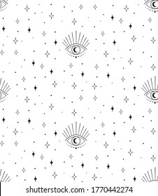 abstract hand drawn moon eye seamless pattern packaging design. background, vector illustration in trendy line linear art style. Branding, boutique, apothecary, bohemian