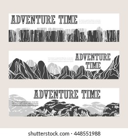Abstract hand drawn mountain horizontal banners set. Vector illustration