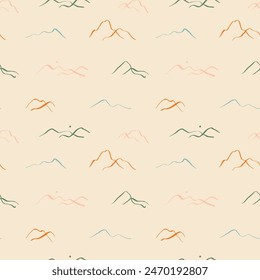 Abstractas dibujado a mano paisaje montañoso sin patrón ilustración. Antiguas viaje paisaje ambiente fondo con puesta de sol, dibujo al aire libre doodle textura de Fondo de pantalla.