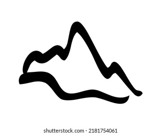 Abstract hand drawn mountain with rocky peaks, nature, sketch, graphic, vector, illustration in black and white color, isolated on white background