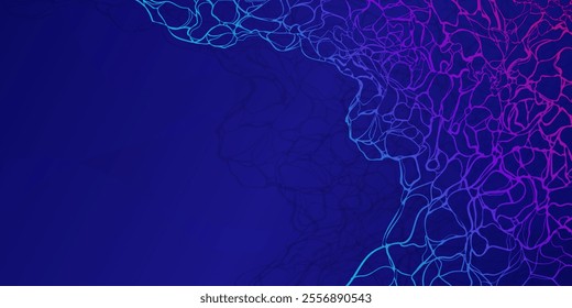 Abstract hand drawn neon neural network in dark blue background, gradient nerve illustration suitable for presentations, frames, social media posts, headers and footers invitations.