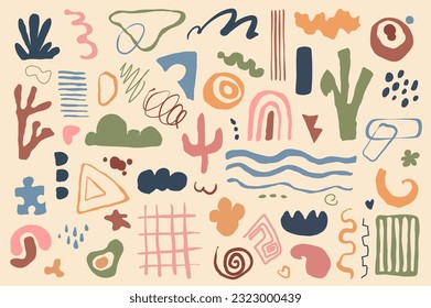 Abstract hand drawn objects mega set in graphic flat design. Bundle elements of different types of colourful children doodle shapes and simple decorative forms. Vector illustration isolated stickers