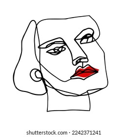 Abstract Hand Drawn One Line Drawing Woman Face Mask Placement Print Pop Art Vector Pattern Isolated Background