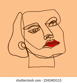 Abstract Hand Drawn One Line Drawing Woman Face Mask Placement Print Pop Art Vector Pattern Isolated Background