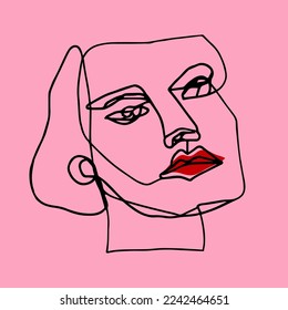 Abstract Hand Drawn One Line Drawing Woman Face Mask Placement Print Pop Art Vector Pattern Isolated Background