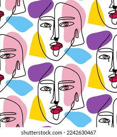 Abstract Hand Drawn One Line Drawing Women Faces Masks and Geometric Shapes Seamless Pop Art Vector Pattern Isolated Background
