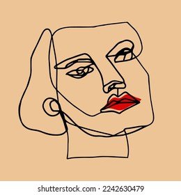 Abstrakter handgezeichneter 1-zeiliger Zeichner Frauenmaske Platzierung Druck Pop Art Vektormuster einzeln auf Hintergrund