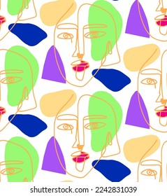 Abstract Hand Drawn One Line Drawing Women Faces Masks with Geometric Shapes Seamless Pop Art Vector Pattern Isolated Background