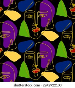 Abstract Hand Drawn One Line Drawing Women Faces Masks with Geometric Shapes Seamless Pop Art Vector Pattern Isolated Background