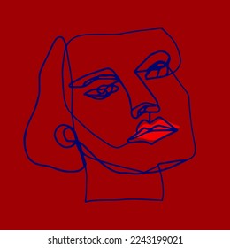 Abstract Hand Drawn One Line Drawing Woman Face Mask Placement Print Pop Art Vector Pattern Isolated Background