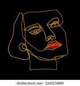 Abstract Hand Drawn One Line Drawing Woman Face Mask Placement Print Pop Art Vector Pattern Isolated Background