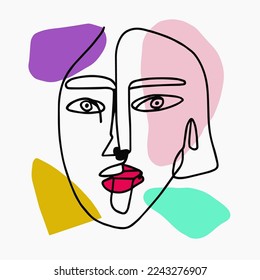 Abstract Hand Drawn One Line Drawing Woman Face Mask with Geometric Shapes Placement Print Pop Art Vector Pattern Isolated Background