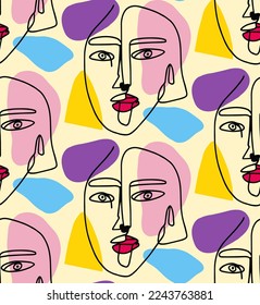 Abstract Hand Drawn One Line Drawing Women Faces Masks with Geometric Shapes Seamless Pop Art Vector Pattern Isolated Background