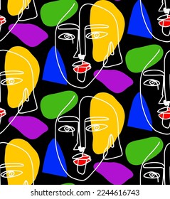 Abstract Hand Drawn One Line Drawing Women Faces Masks with Geometric Shapes Seamless Pop Art Vector Pattern Isolated Background