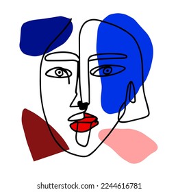 Abstract Hand Drawn One Line Drawing Woman Face Mask with Geometric Shapes Placement Print Pop Art Vector Pattern Isolated Background