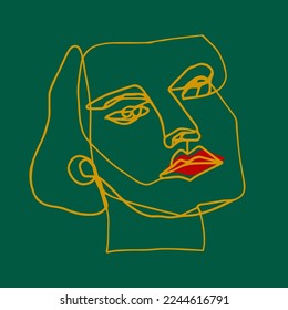 Abstract Hand Drawn One Line Drawing Woman Face Mask Placement Print Pop Art Vector Pattern Isolated Background