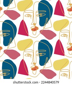 Abstract Hand Drawn One Line Drawing Women Faces Masks with Geometric Shapes Seamless Pop Art Vector Pattern Isolated Background
