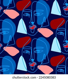 Abstract Hand Drawn One Line Drawing Women Faces Masks and Geometric Shapes Seamless Pop Art Vector Pattern Isolated Background